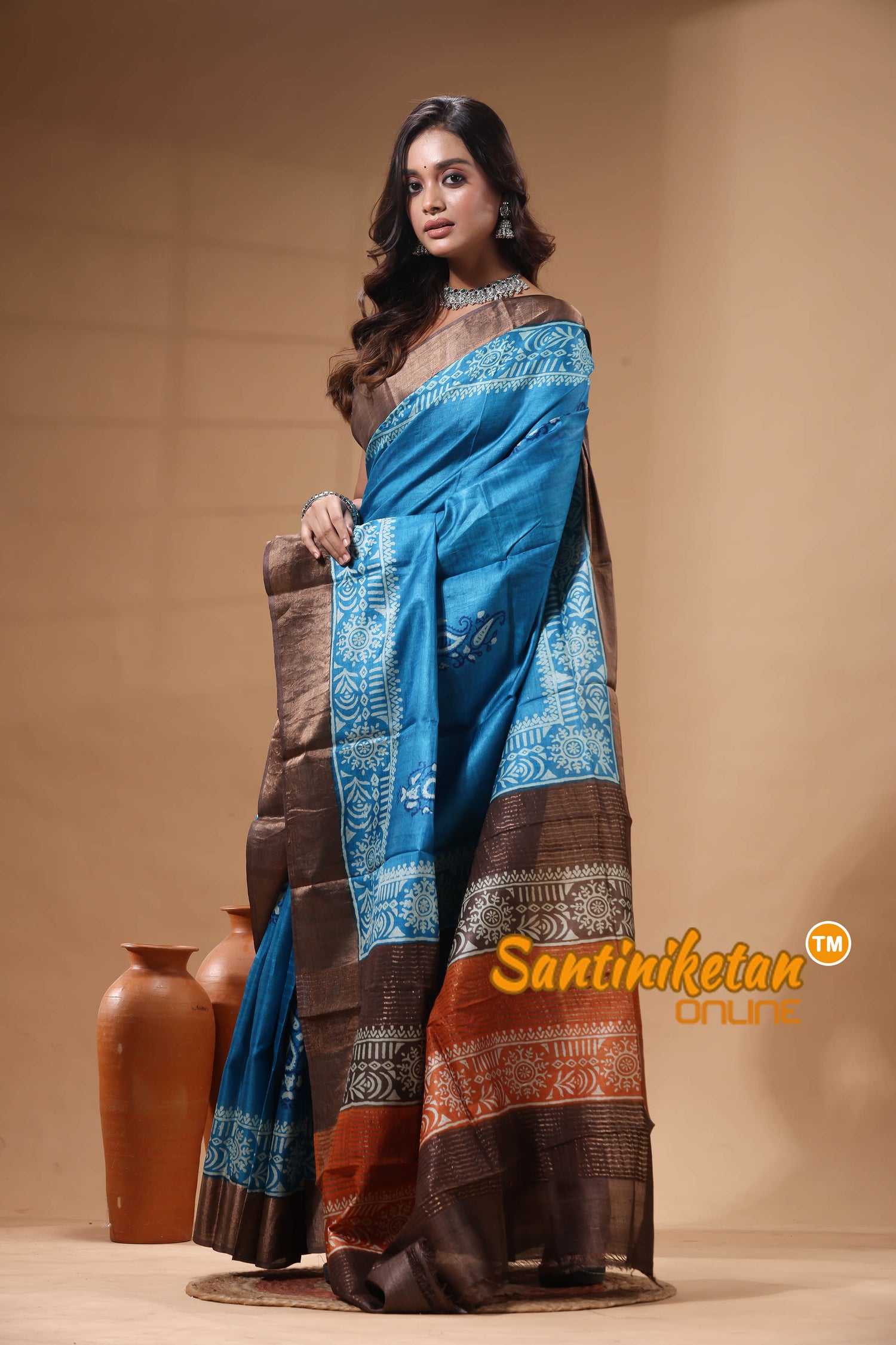 Pure Zari Tussar Hand Block Painted Saree SN2630454