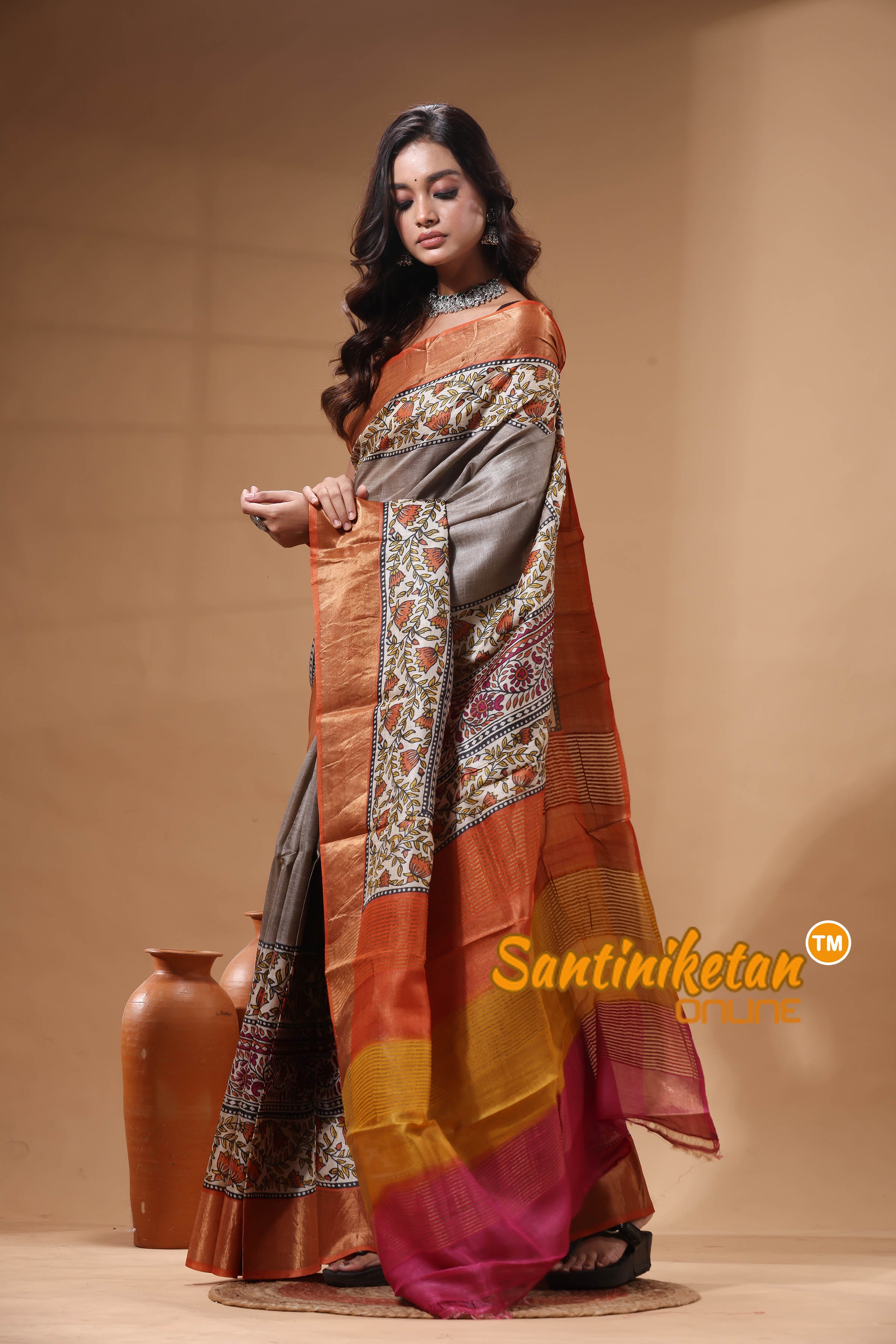 Pure Zari Tussar Hand Block Painted Saree SN2630460