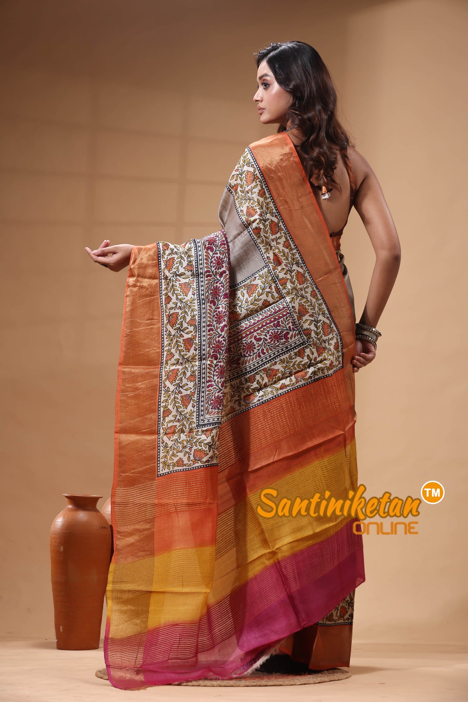 Pure Zari Tussar Hand Block Painted Saree SN2630460