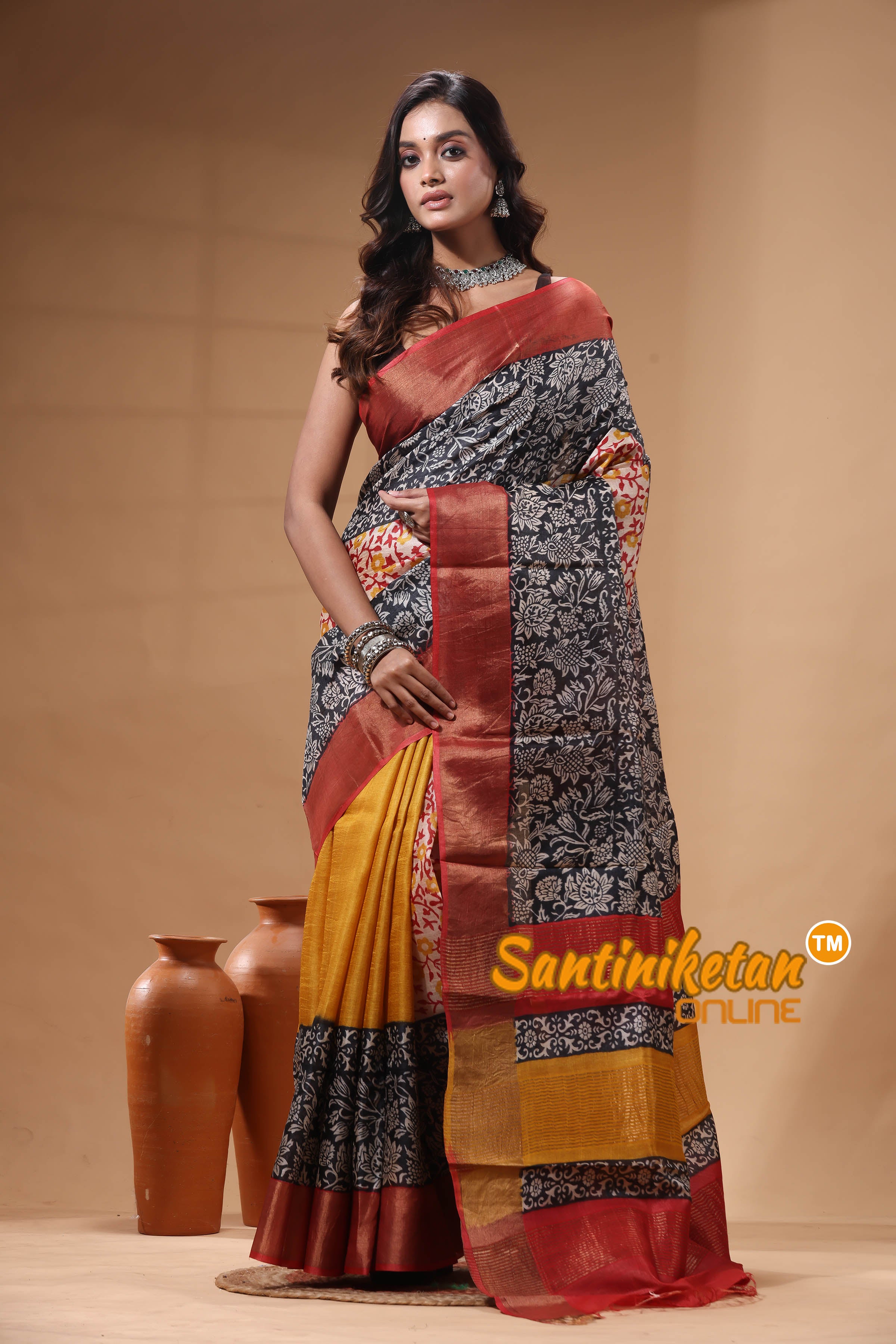 Pure Zari Tussar Hand Block Painted Saree SN2630466