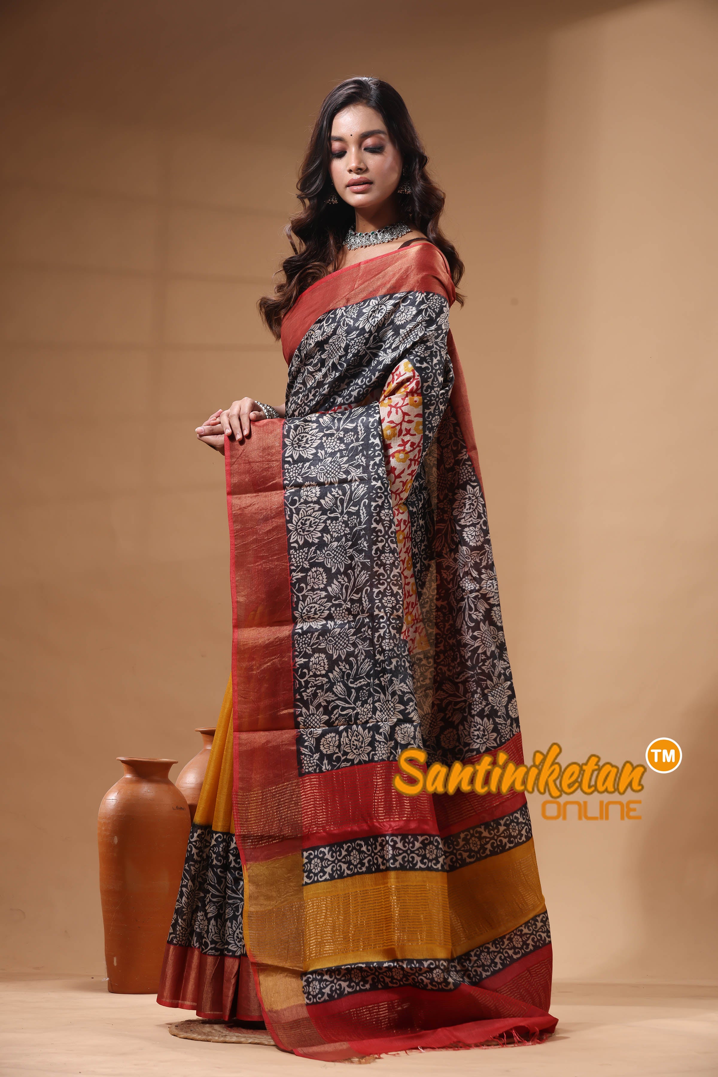 Pure Zari Tussar Hand Block Painted Saree SN2630466