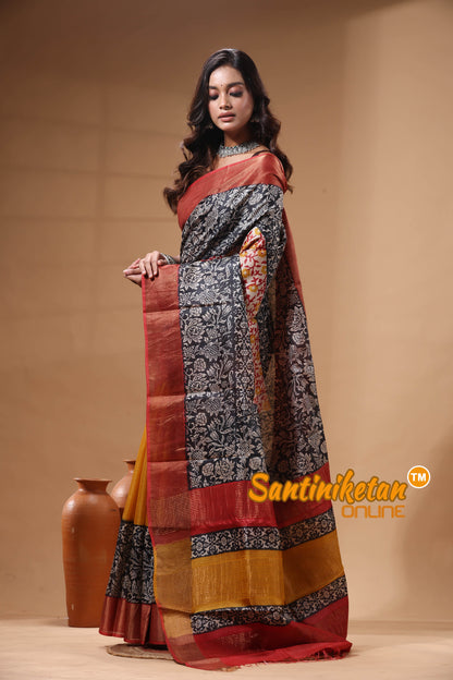 Pure Zari Tussar Hand Block Painted Saree SN2630466