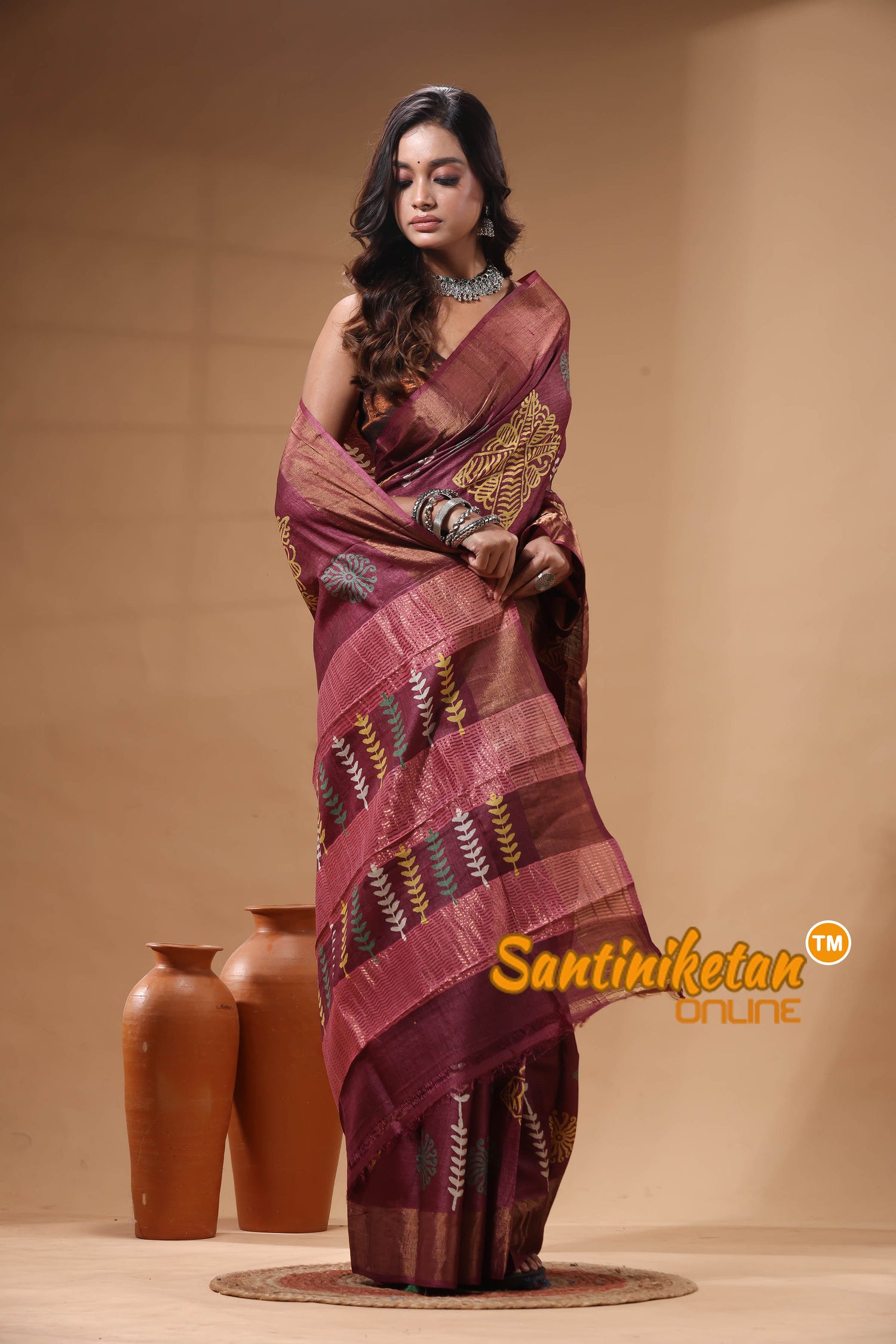 Pure Zari Tussar Hand Block Painted Saree SN2630473