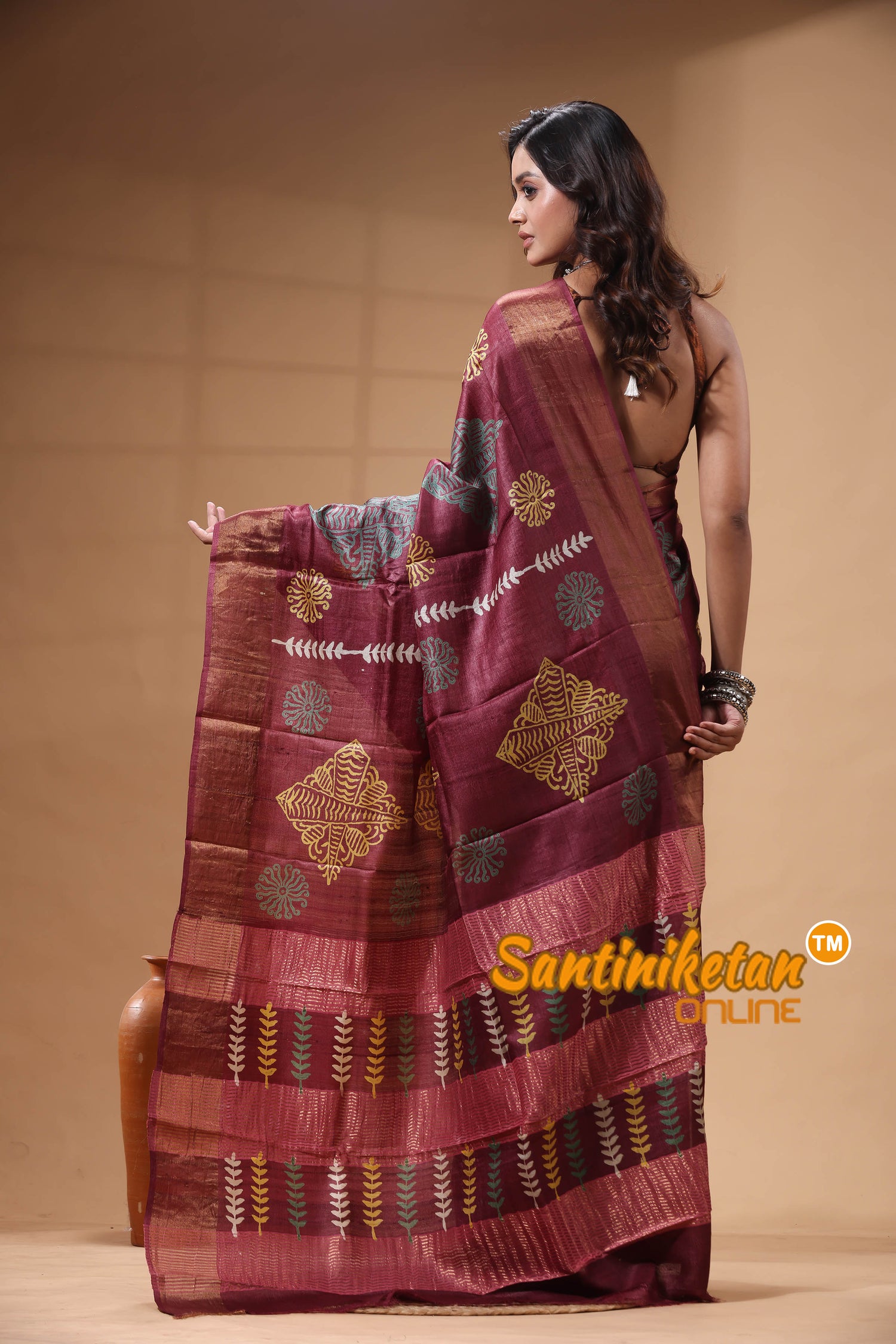Pure Zari Tussar Hand Block Painted Saree SN2630473