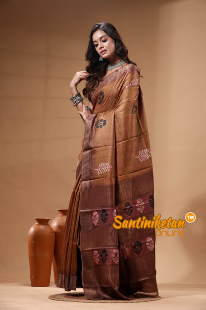 Pure Zari Tussar Hand Block Painted Saree SN2630491