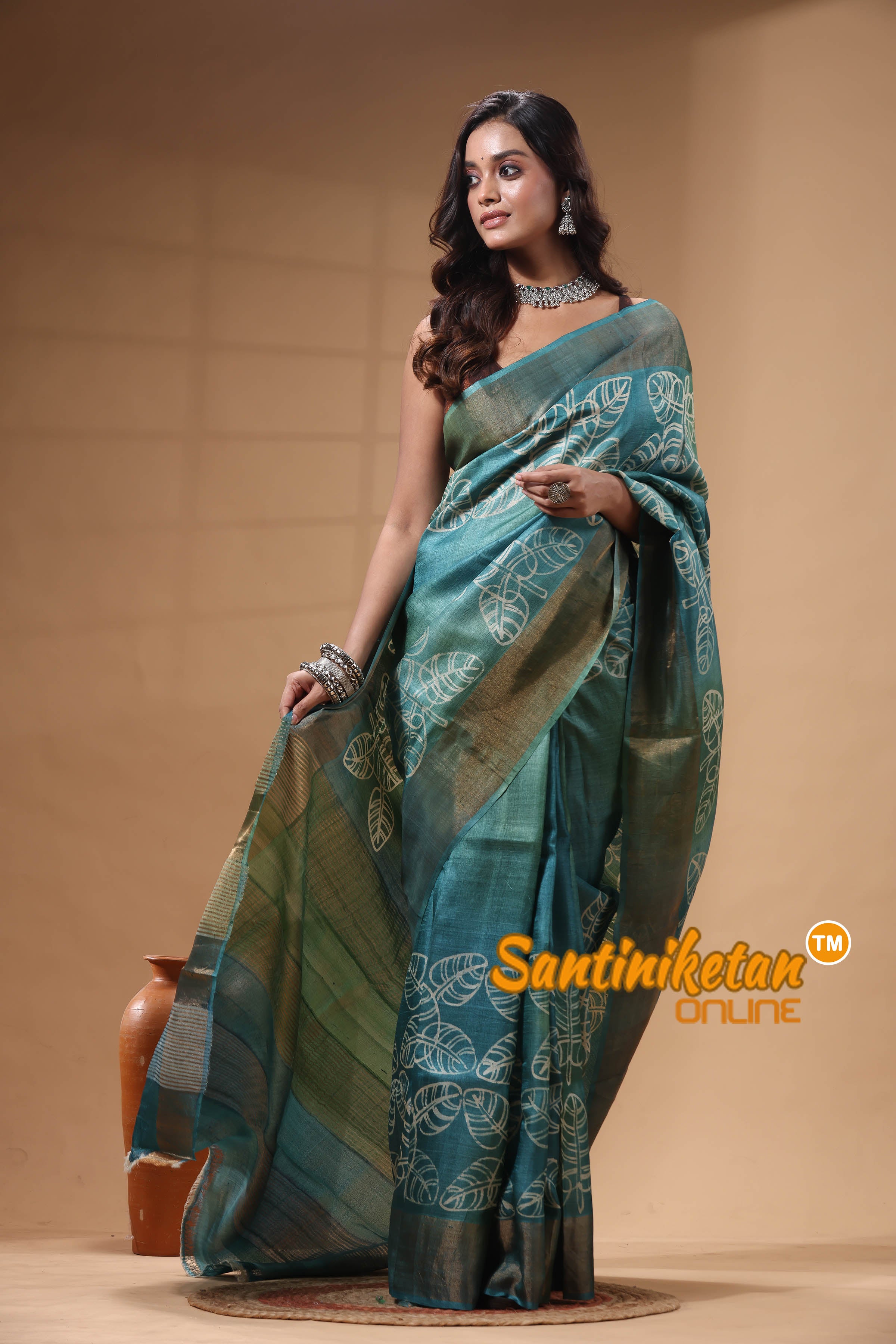 Pure Zari Tussar Hand Block Painted Saree SN2630552