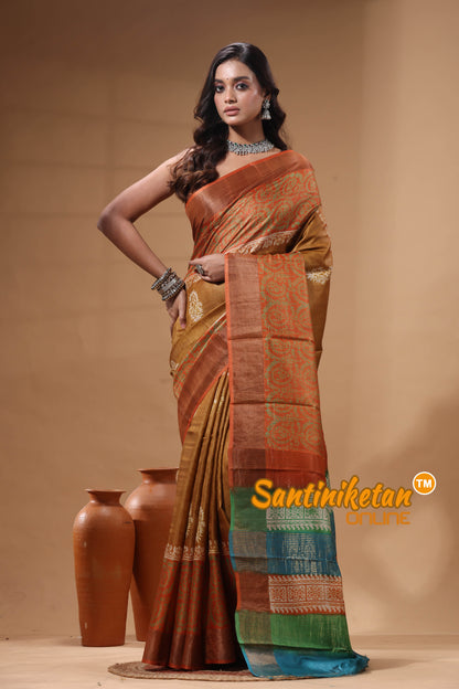 Pure Zari Tussar Hand Block Painted Saree SN2630588