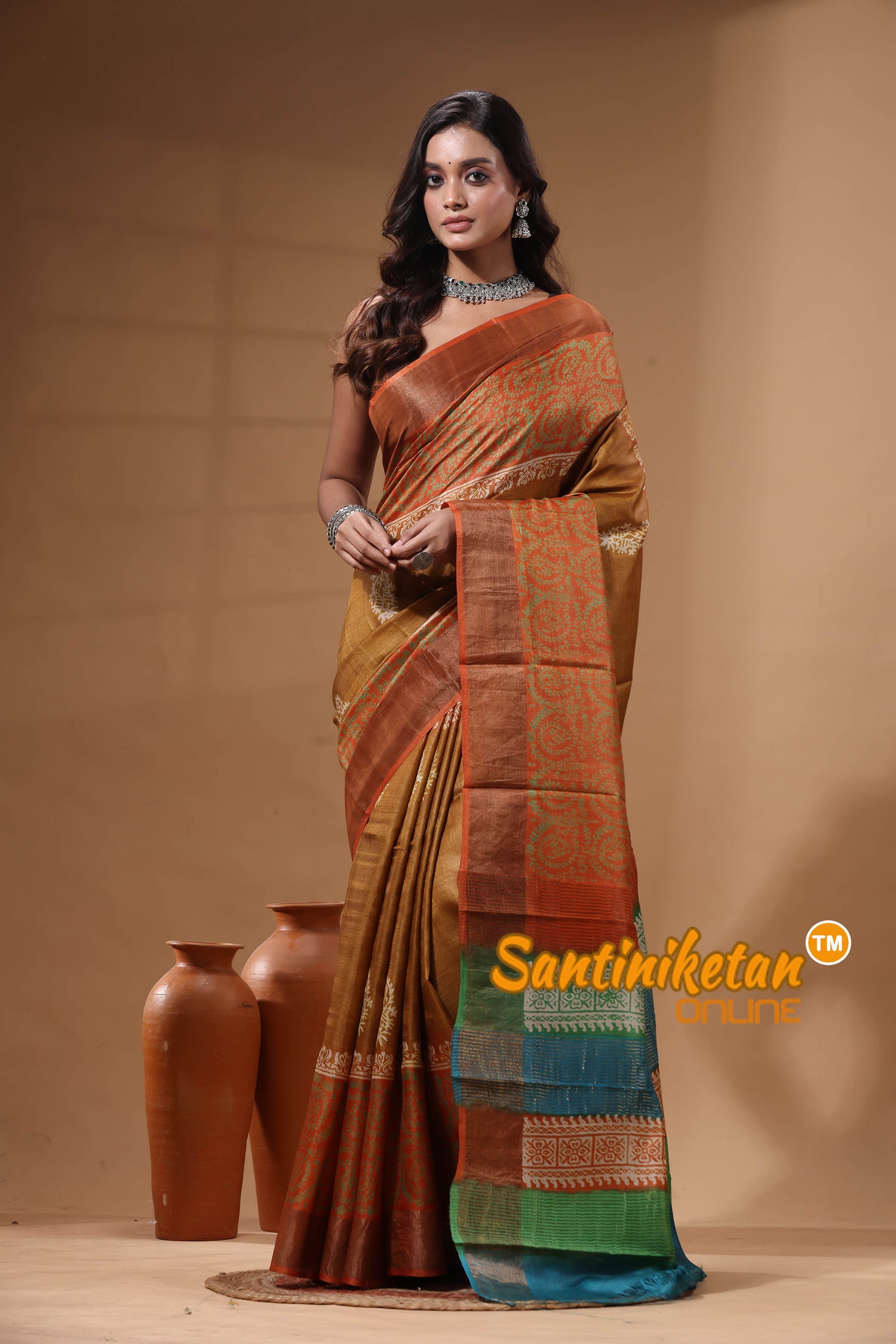 Pure Zari Tussar Hand Block Painted Saree SN2630588