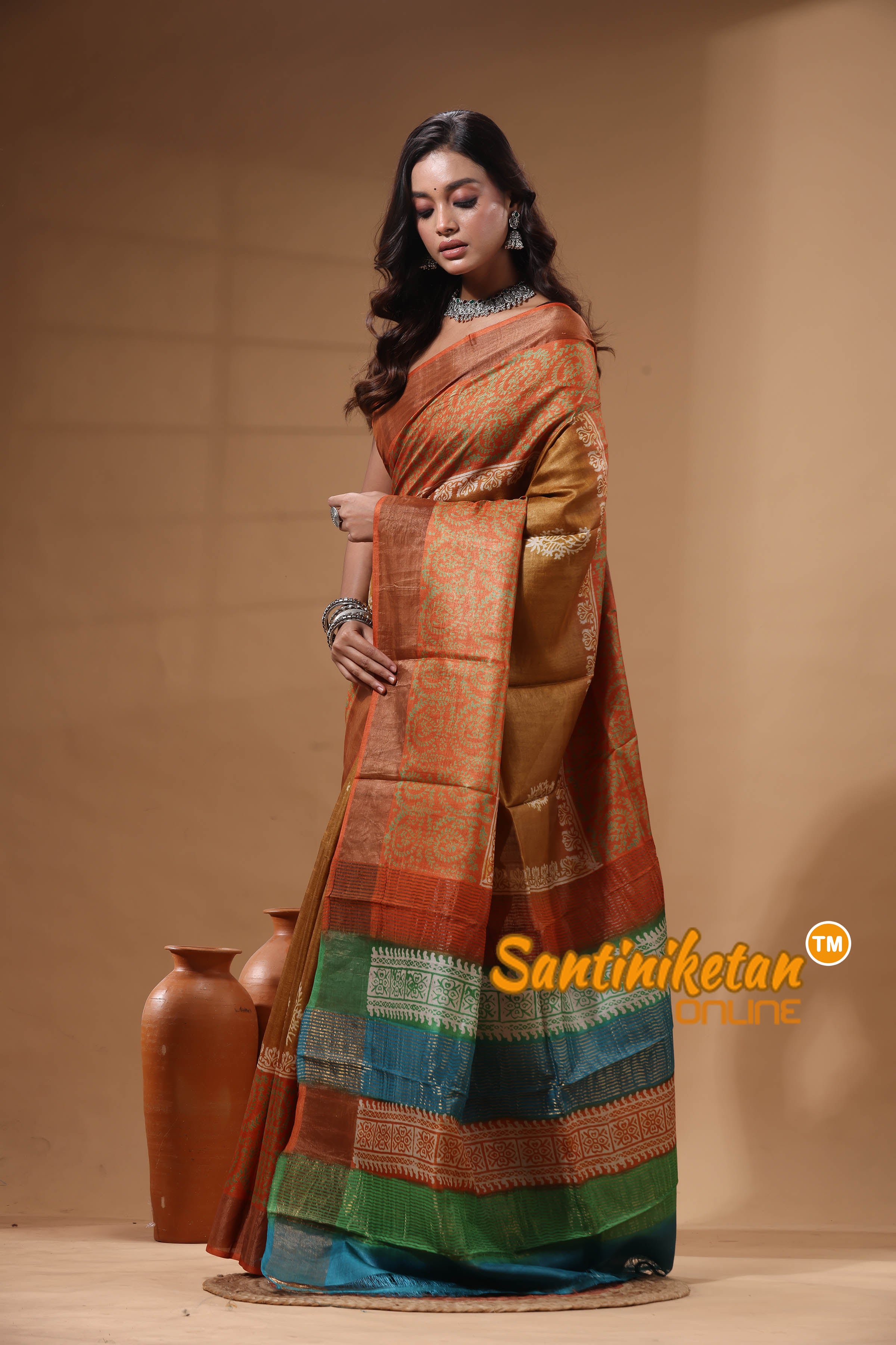 Pure Zari Tussar Hand Block Painted Saree SN2630588