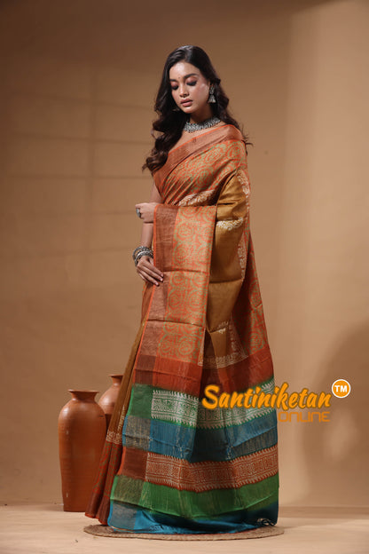 Pure Zari Tussar Hand Block Painted Saree SN2630588