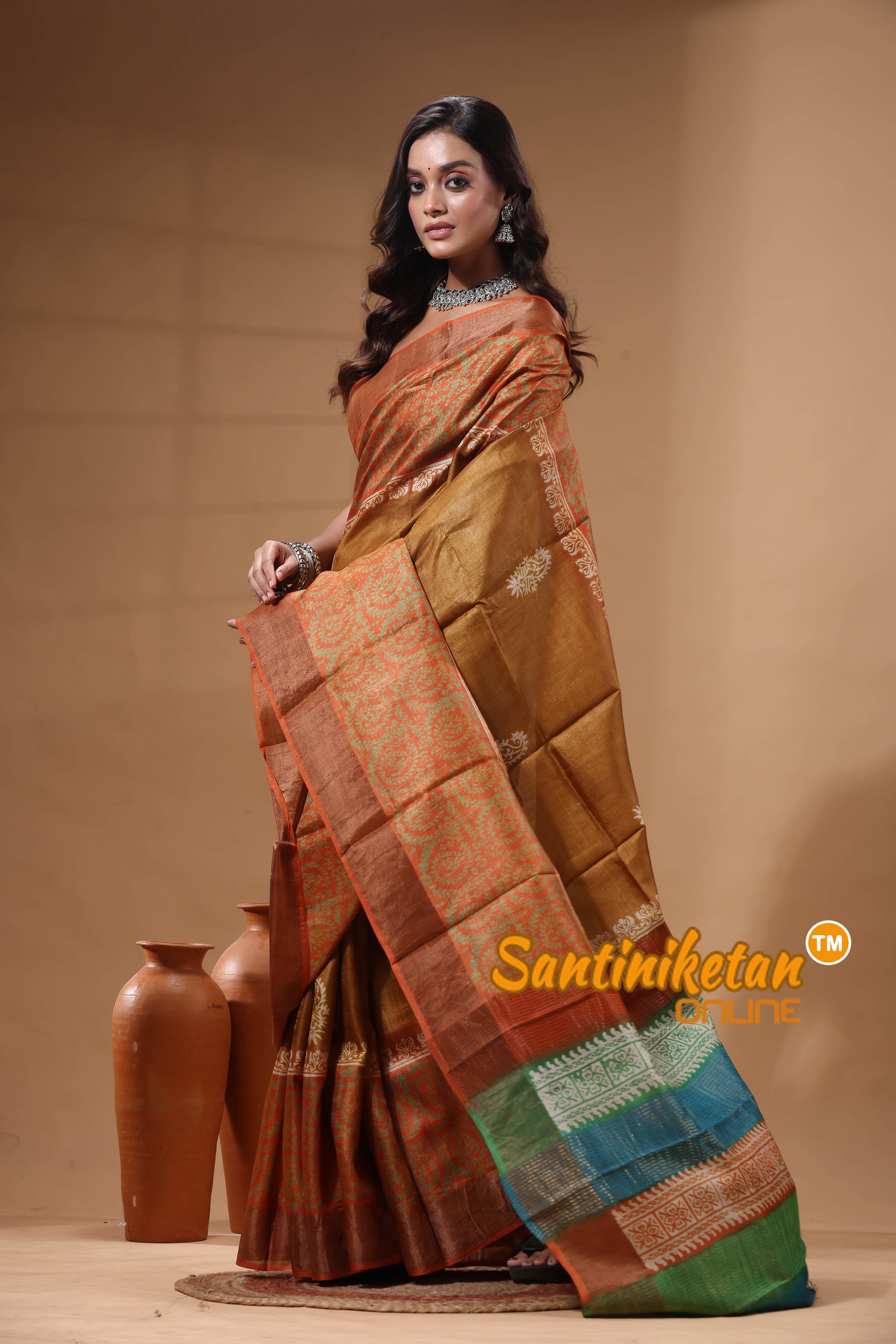 Pure Zari Tussar Hand Block Painted Saree SN2630588
