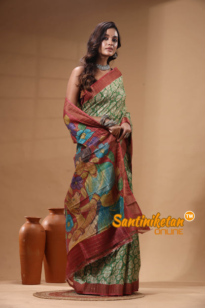 Pure Zari Tussar Hand Block Painted Saree SN2630594