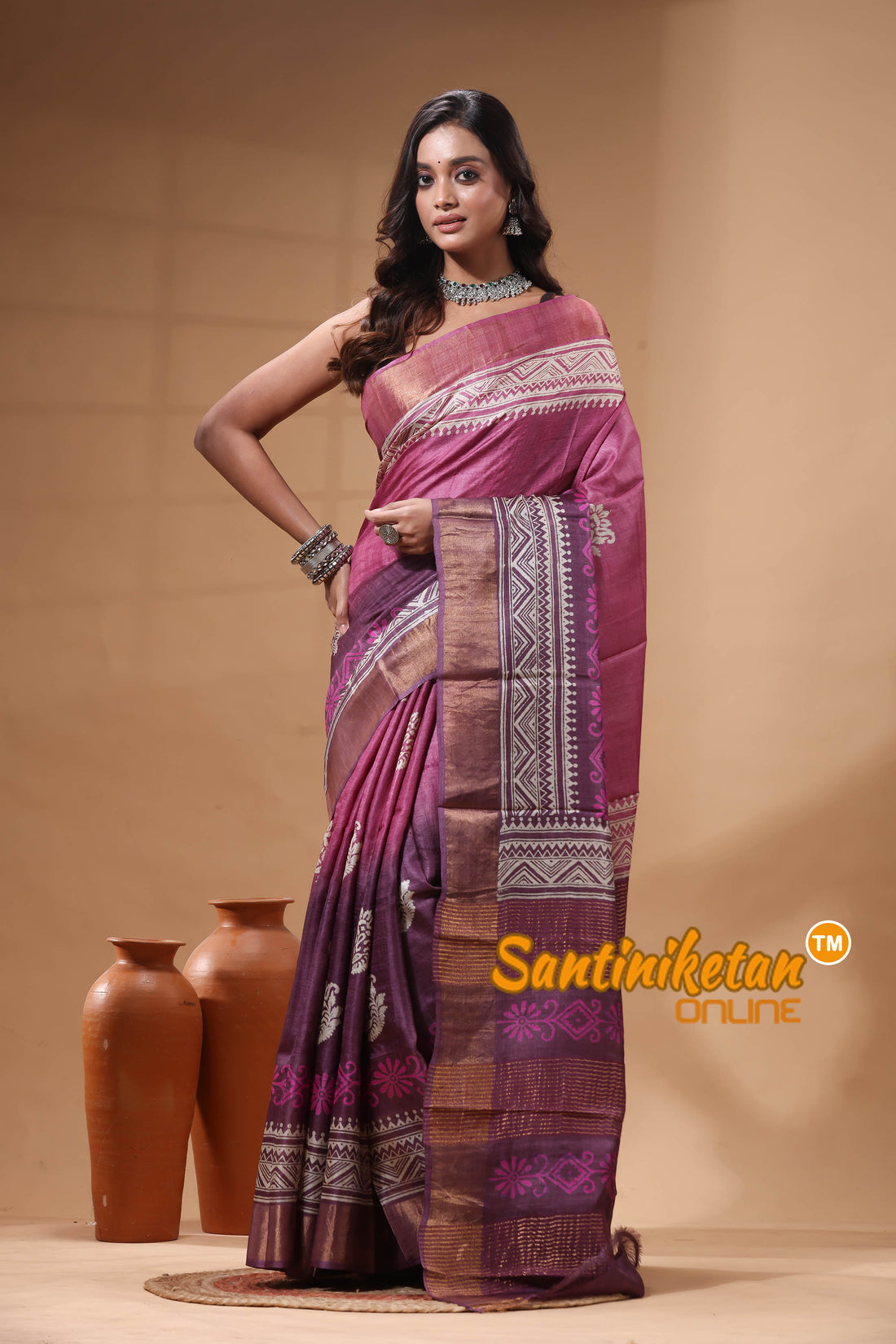 Pure Zari Tussar Hand Block Painted Saree SN2630607