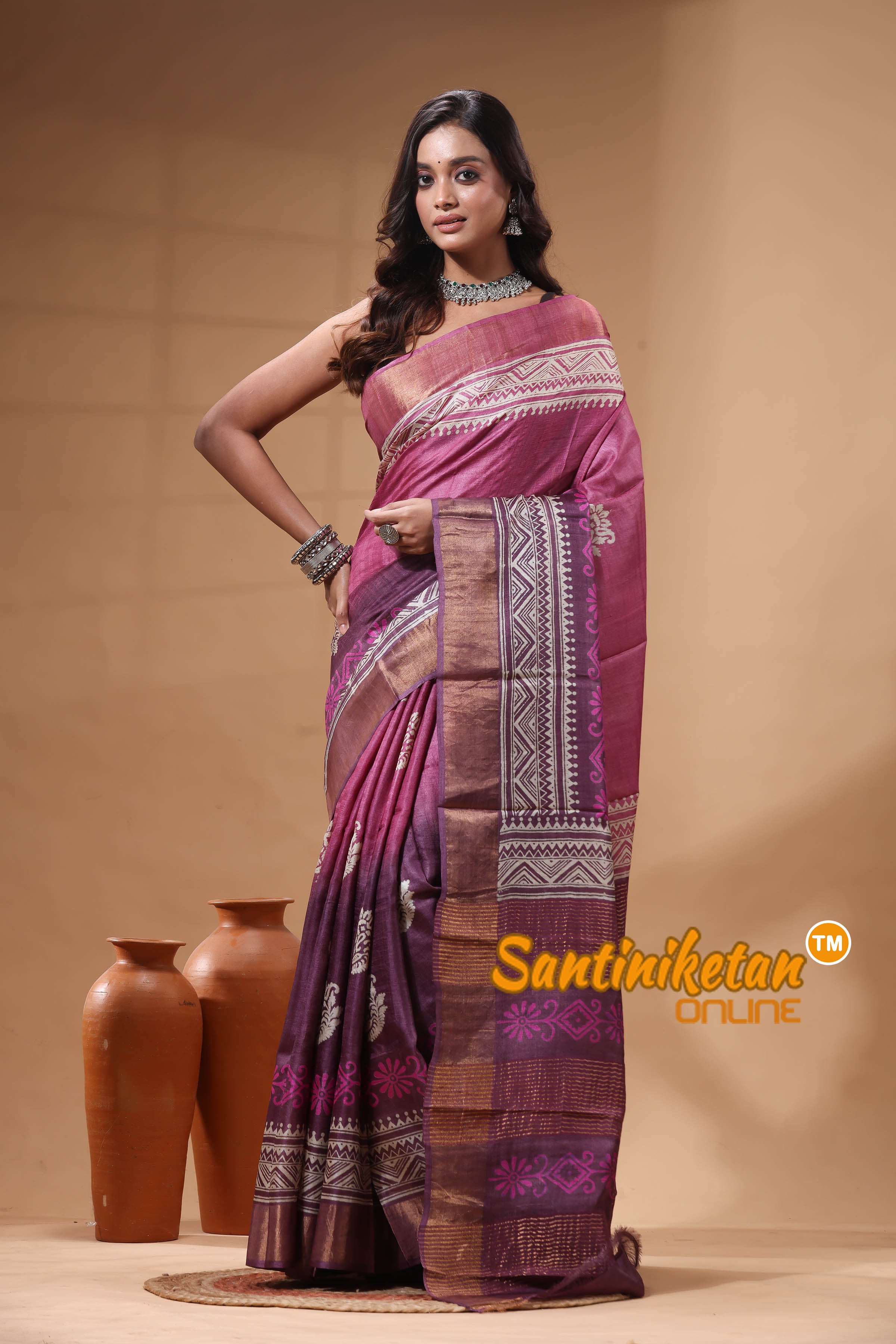 Pure Zari Tussar Hand Block Painted Saree SN2630607