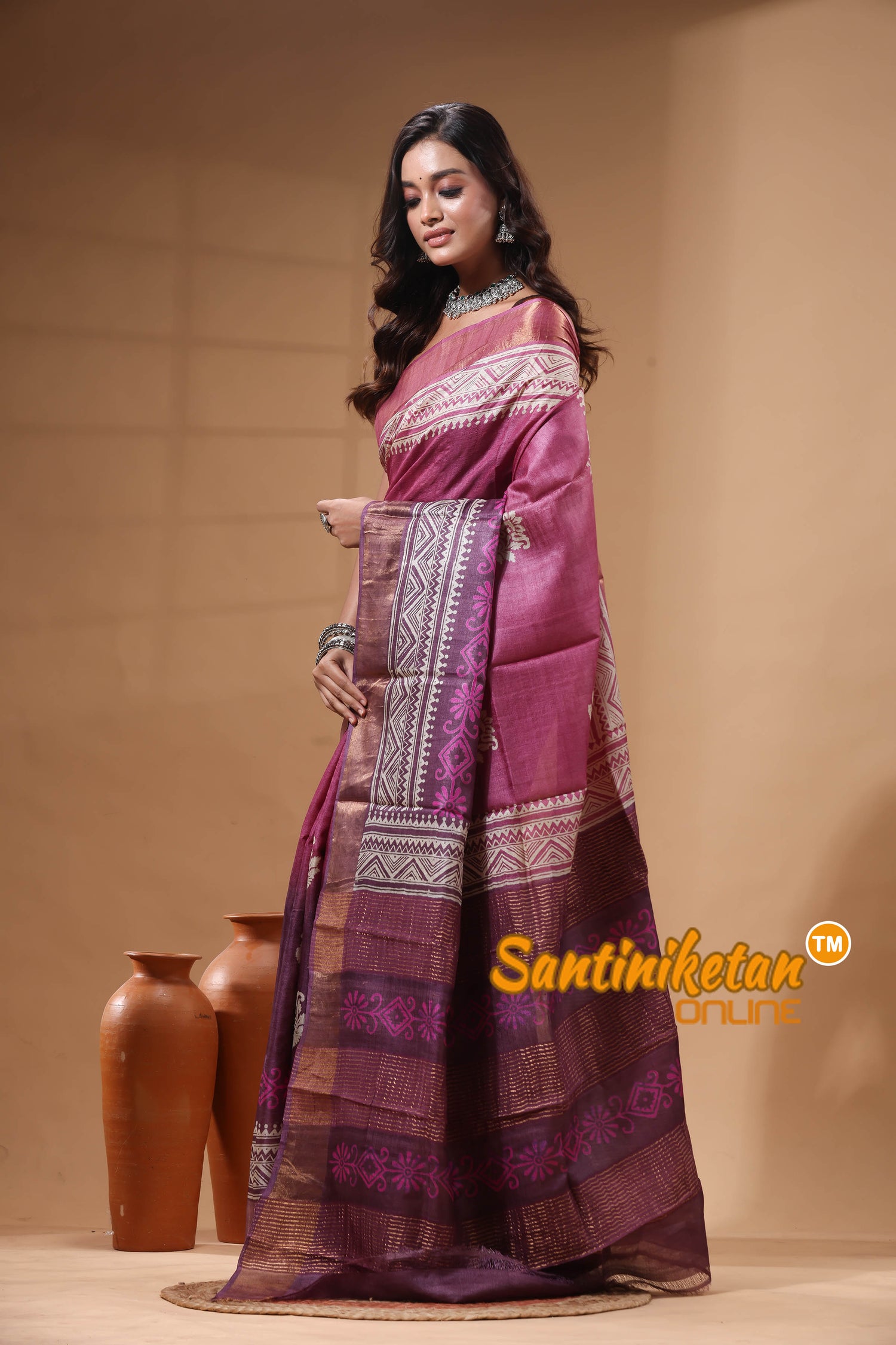 Pure Zari Tussar Hand Block Painted Saree SN2630607