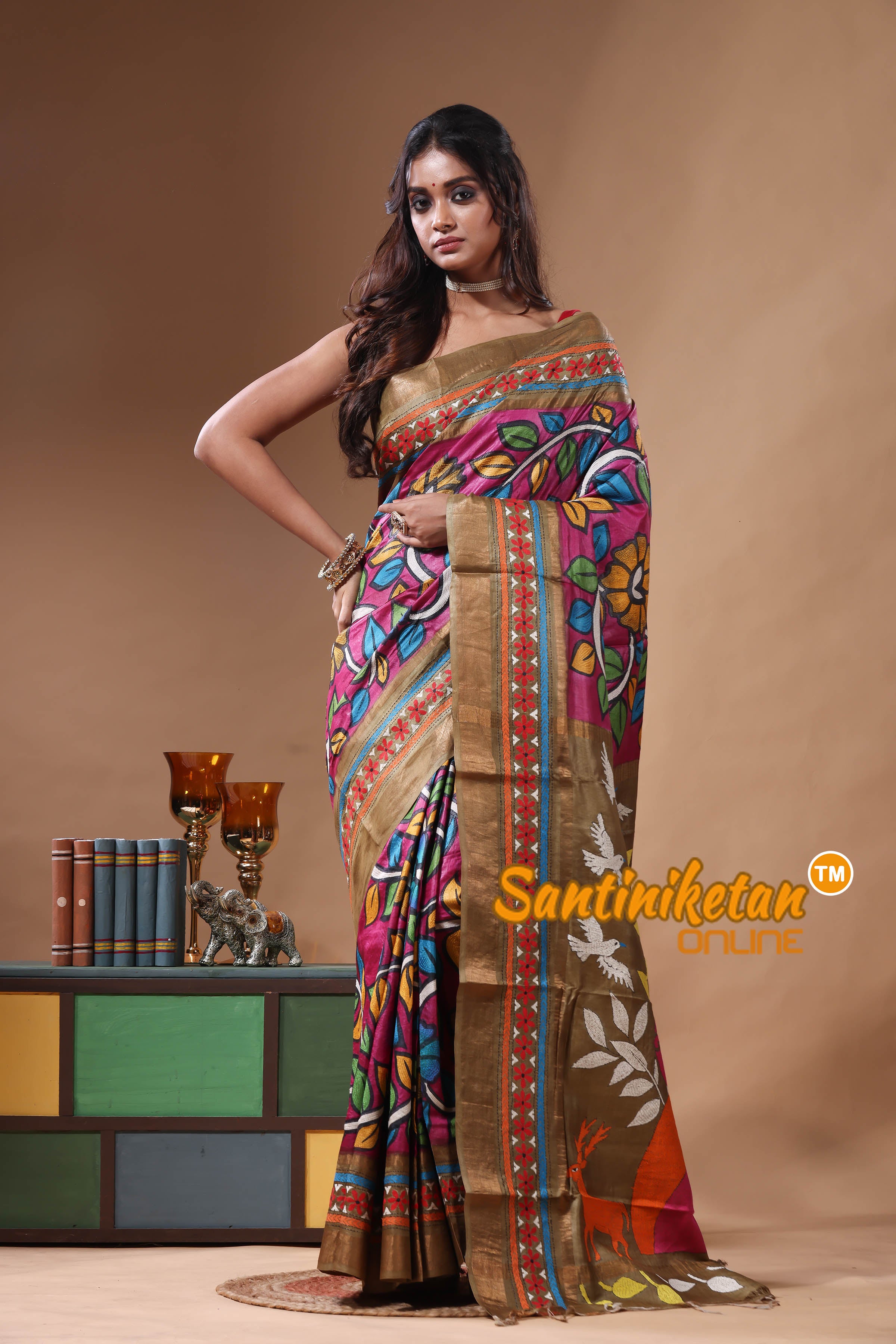 Zari Border Pure Tussar Kantha Stitch Saree SN2630812