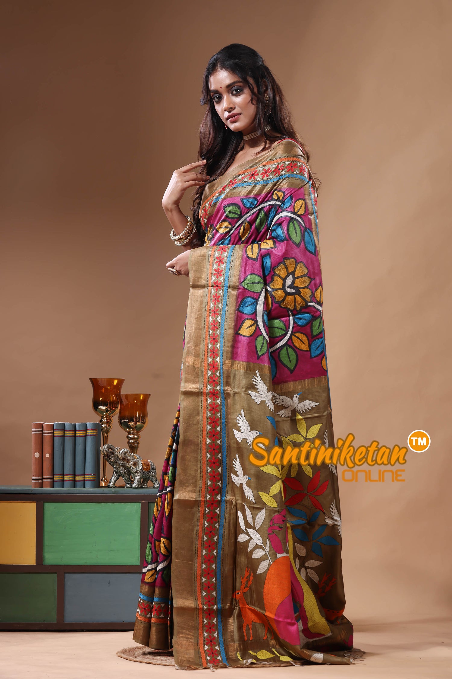 Zari Border Pure Tussar Kantha Stitch Saree SN2630812