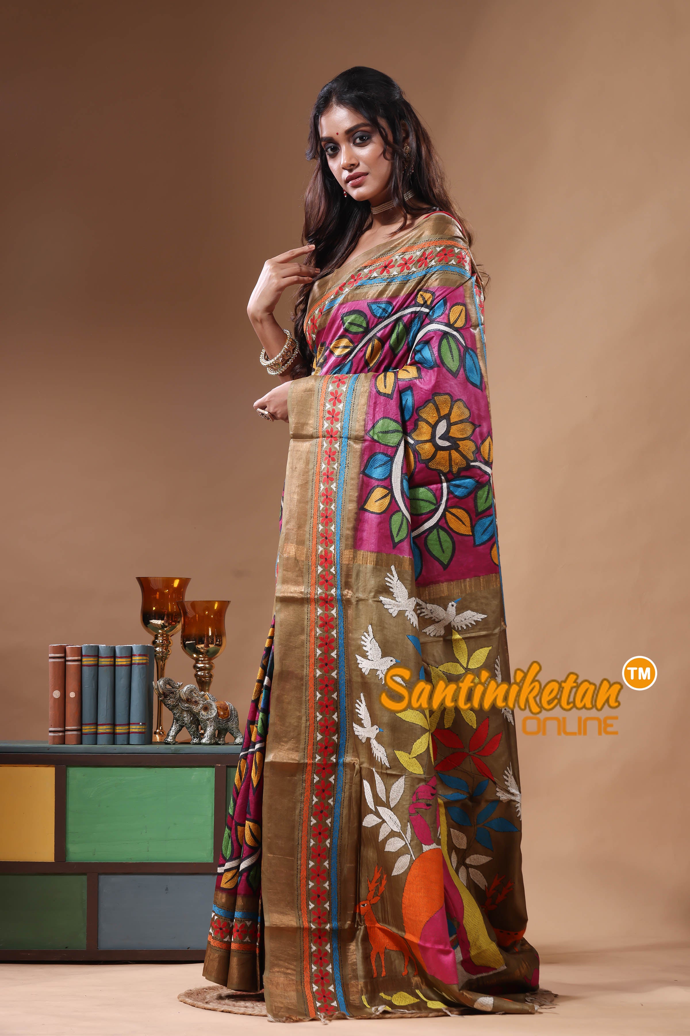 Zari Border Pure Tussar Kantha Stitch Saree SN2630812