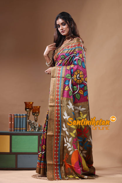 Zari Border Pure Tussar Kantha Stitch Saree SN2630812