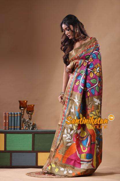 Zari Border Pure Tussar Kantha Stitch Saree SN2630812