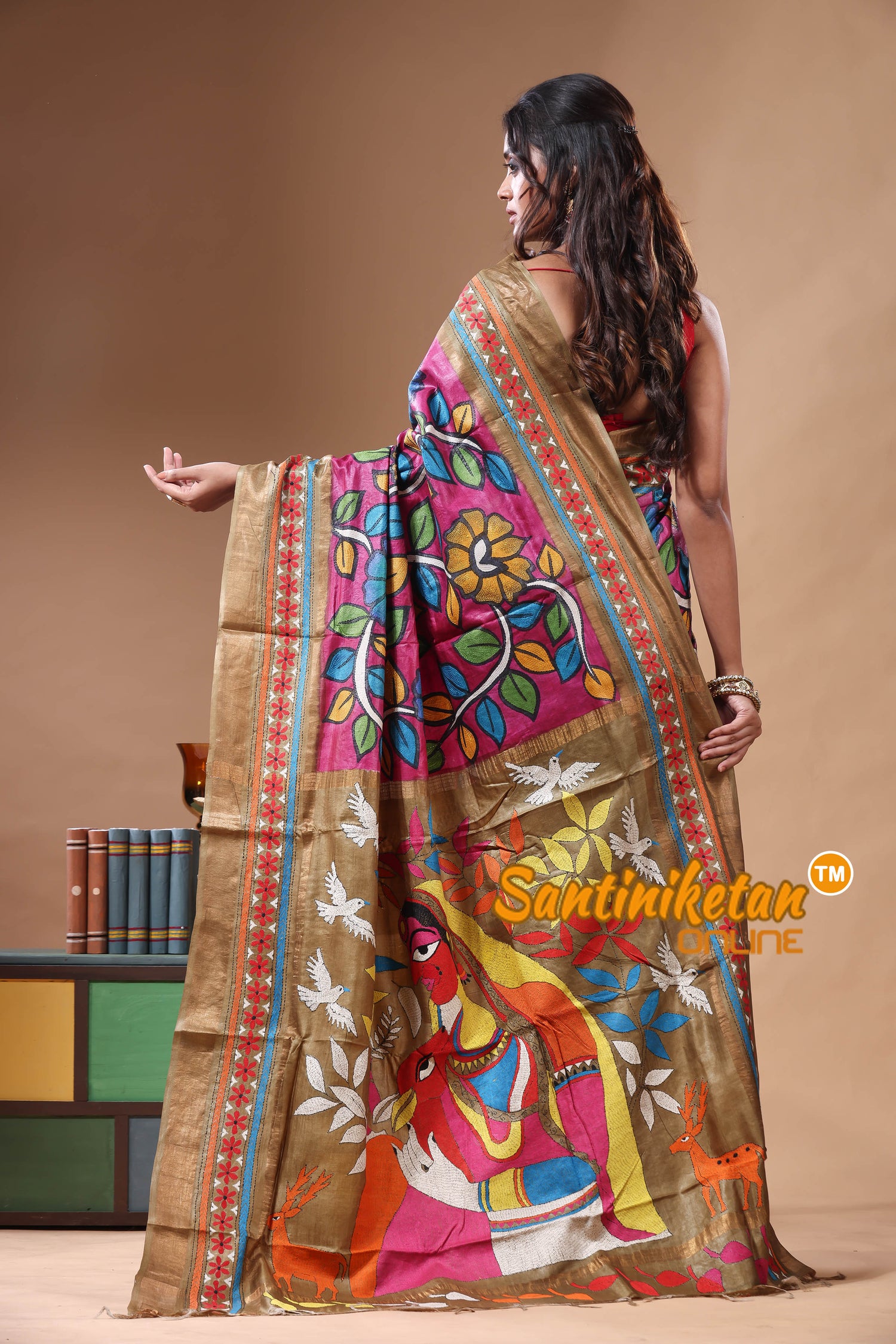Zari Border Pure Tussar Kantha Stitch Saree SN2630812