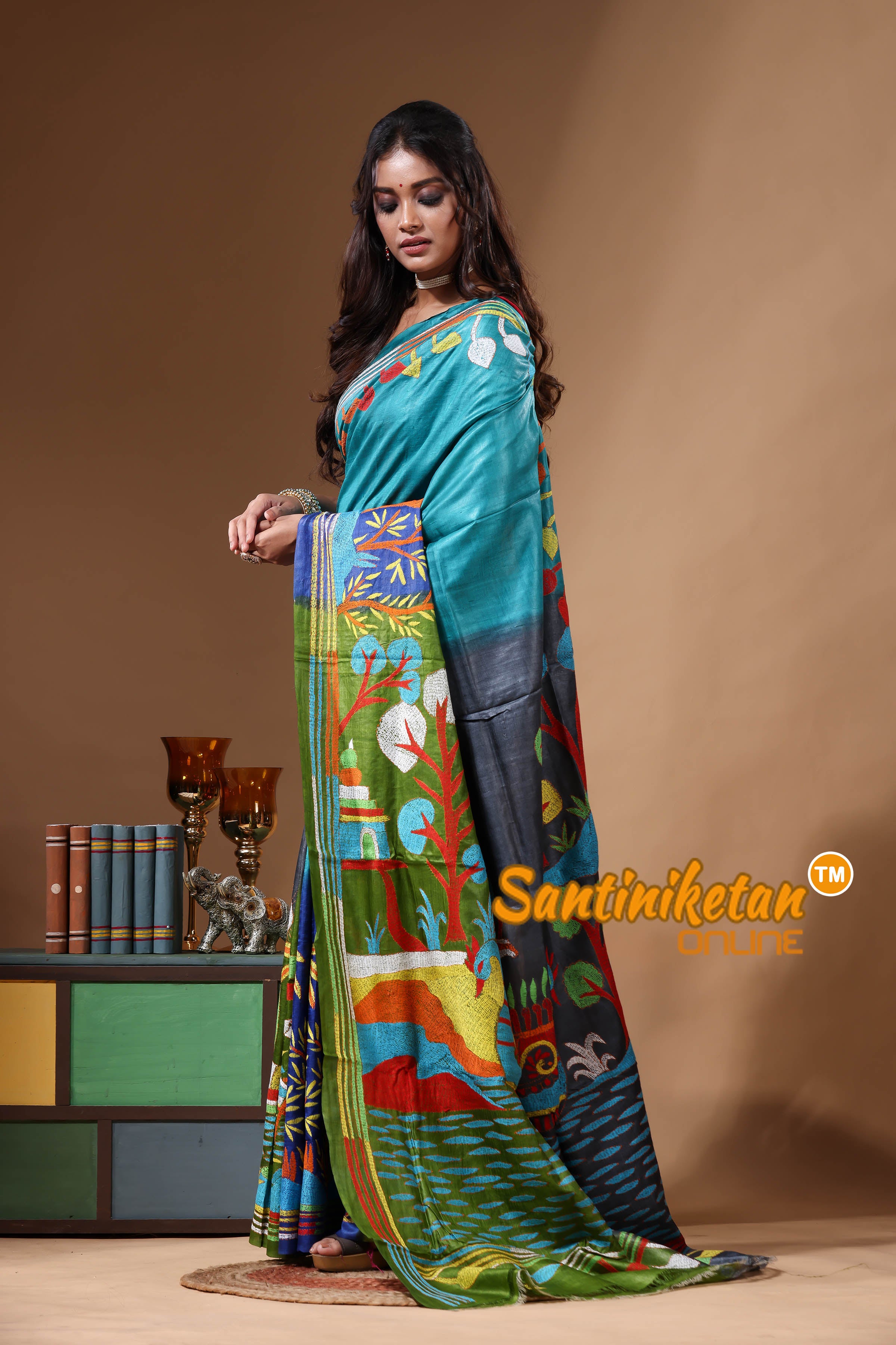 Dye Pure Gachi Tussar Kantha Stitch Saree SN2630854