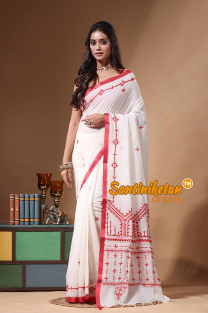 Pure Soft White Cotton With Red Thread Gujrati Stitch Saree With Out Blouse Piece SN2630932