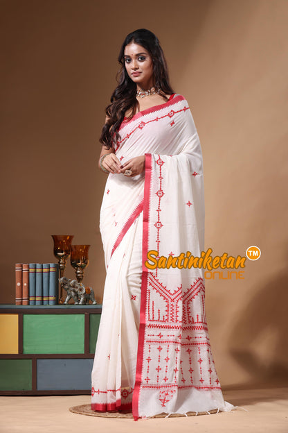 Pure Soft White Cotton With Red Thread Gujrati Stitch Saree With Out Blouse Piece SN2630932