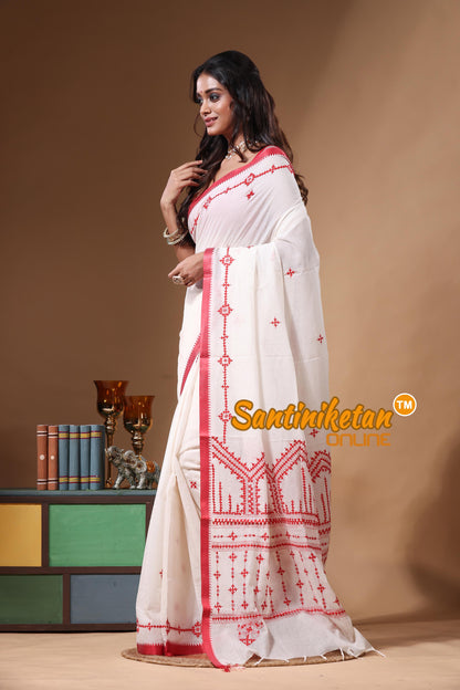 Pure Soft White Cotton With Red Thread Gujrati Stitch Saree With Out Blouse Piece SN2630932