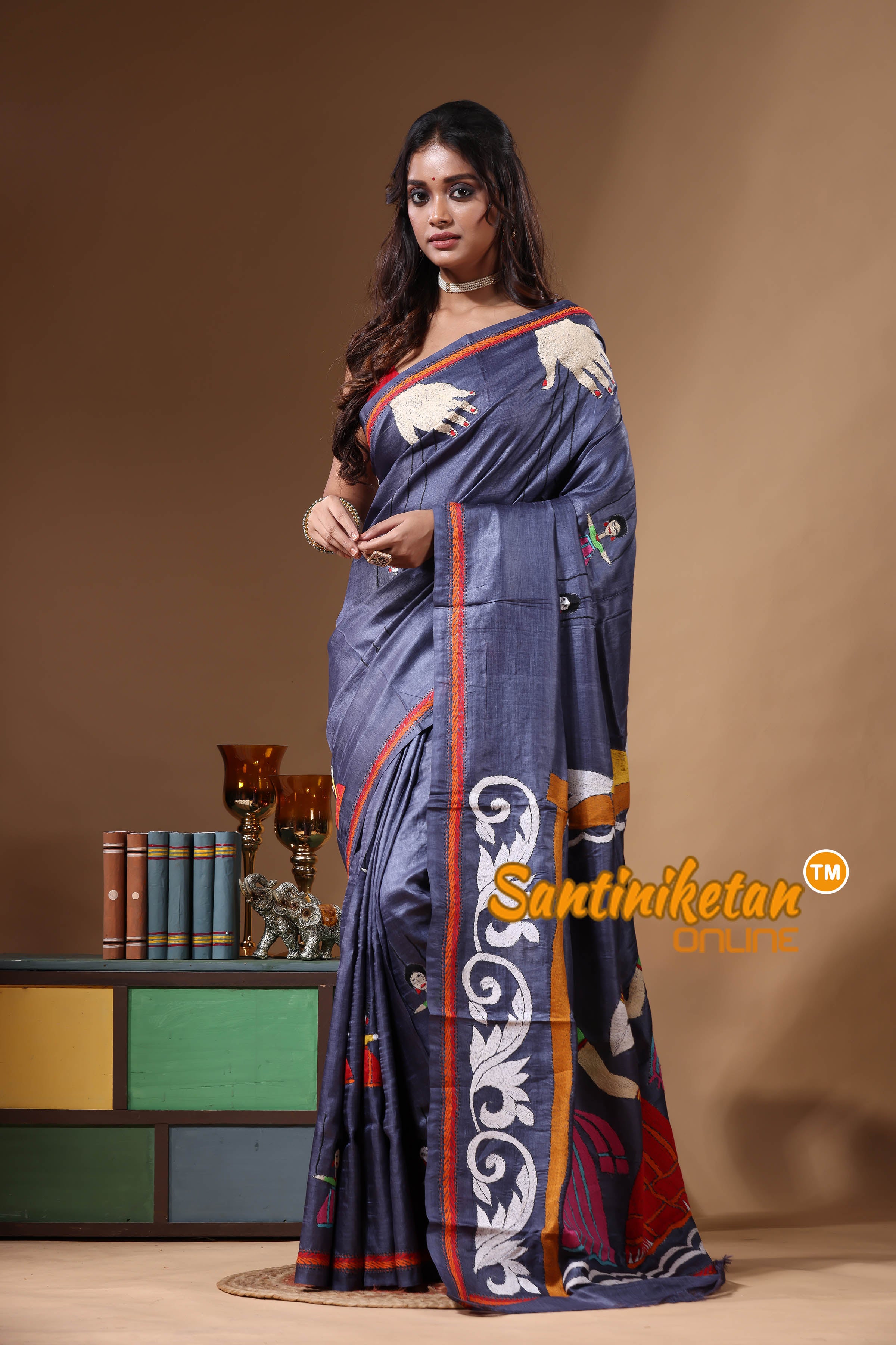 Dye Pure Gachi Tussar Kantha Stitch Saree SN2631153