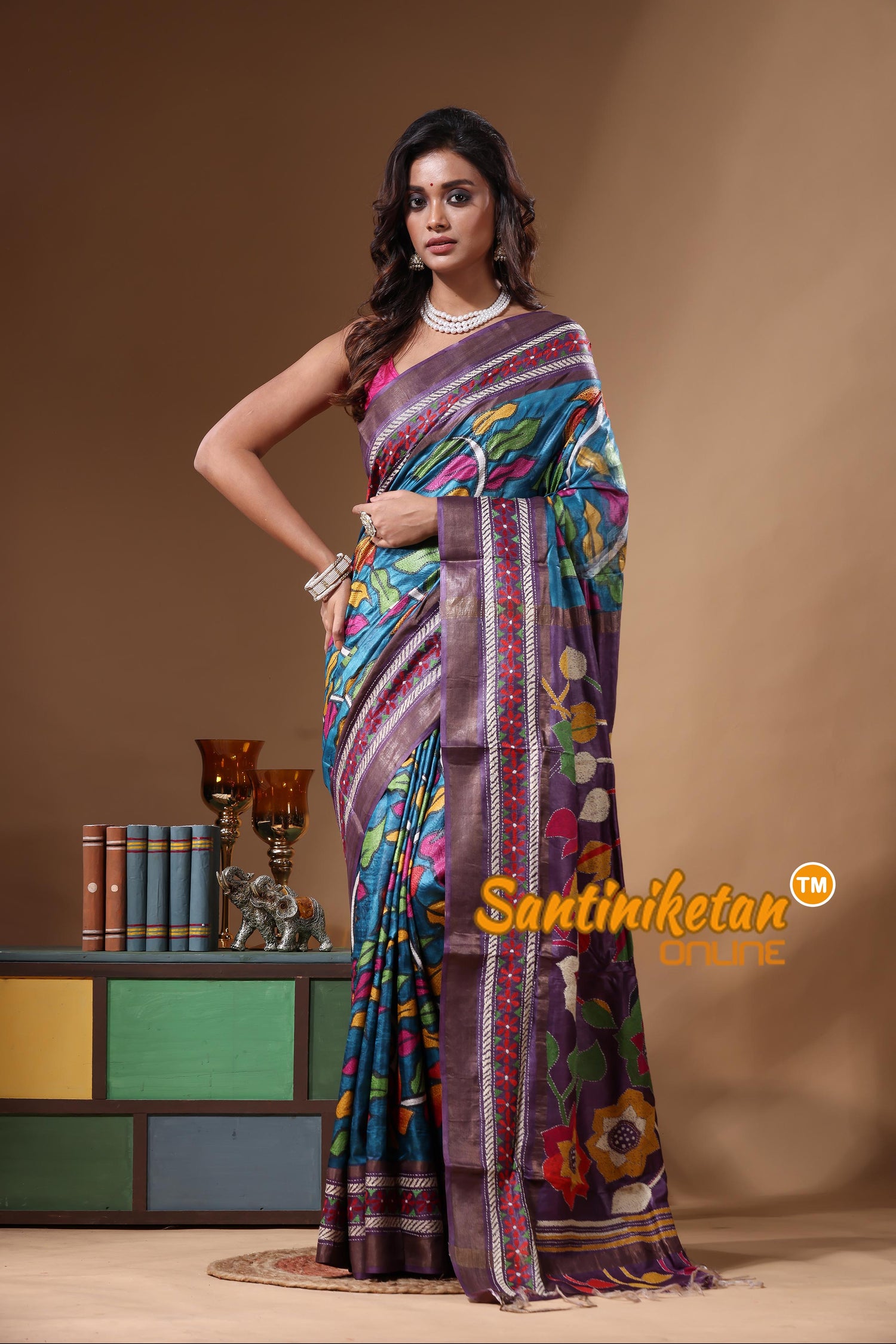 Zari Border Pure Tussar Kantha Stitch Saree SN2631286