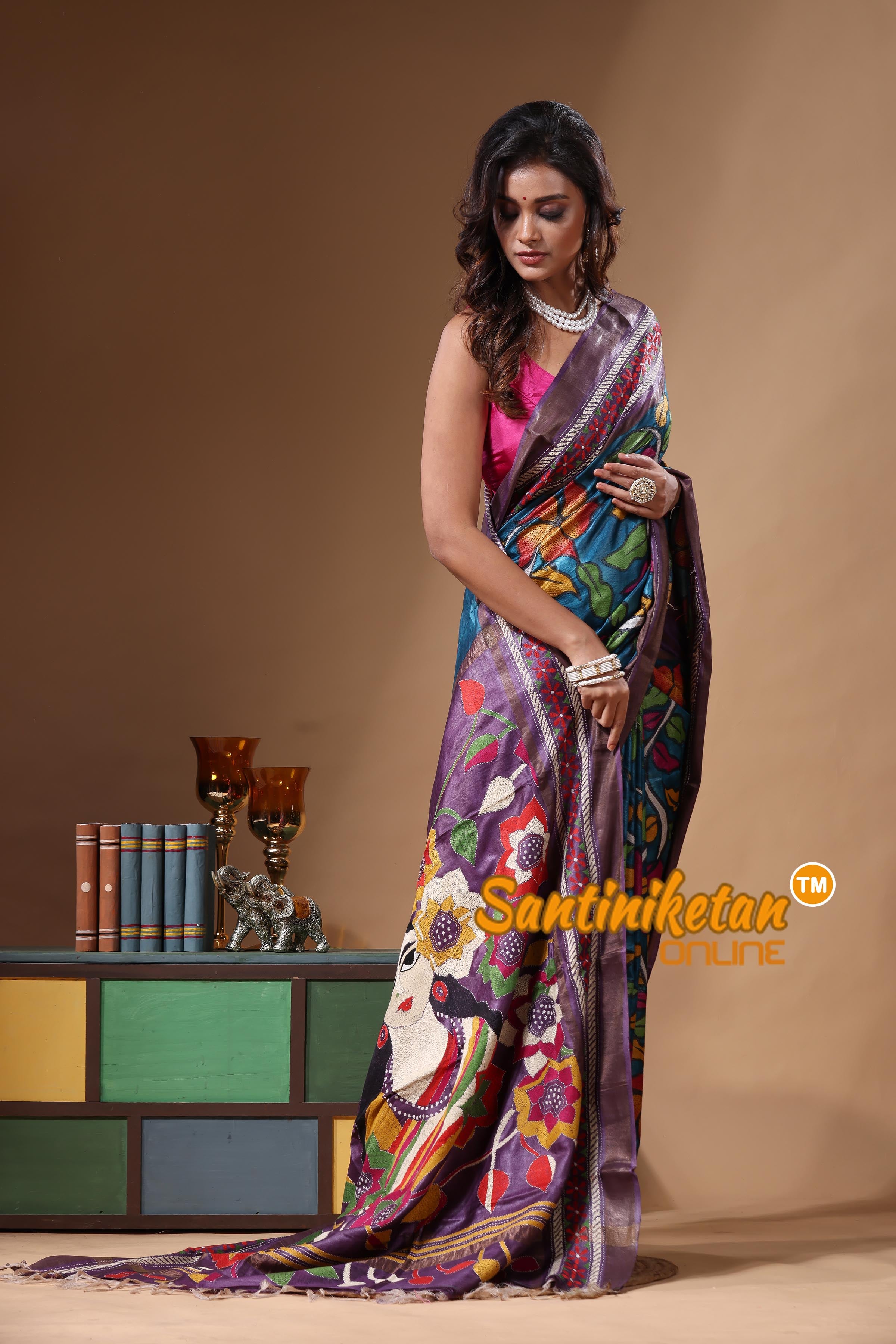Zari Border Pure Tussar Kantha Stitch Saree SN2631286