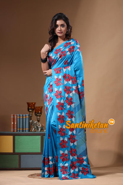 Persian Blue Pure Bangalore Silk Kantha Stitch Saree SN2631475