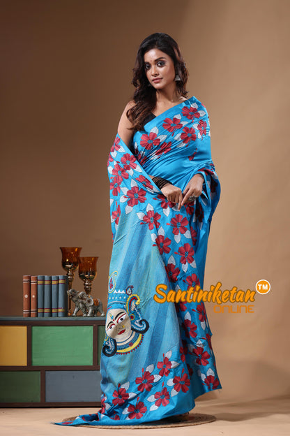 Persian Blue Pure Bangalore Silk Kantha Stitch Saree SN2631475