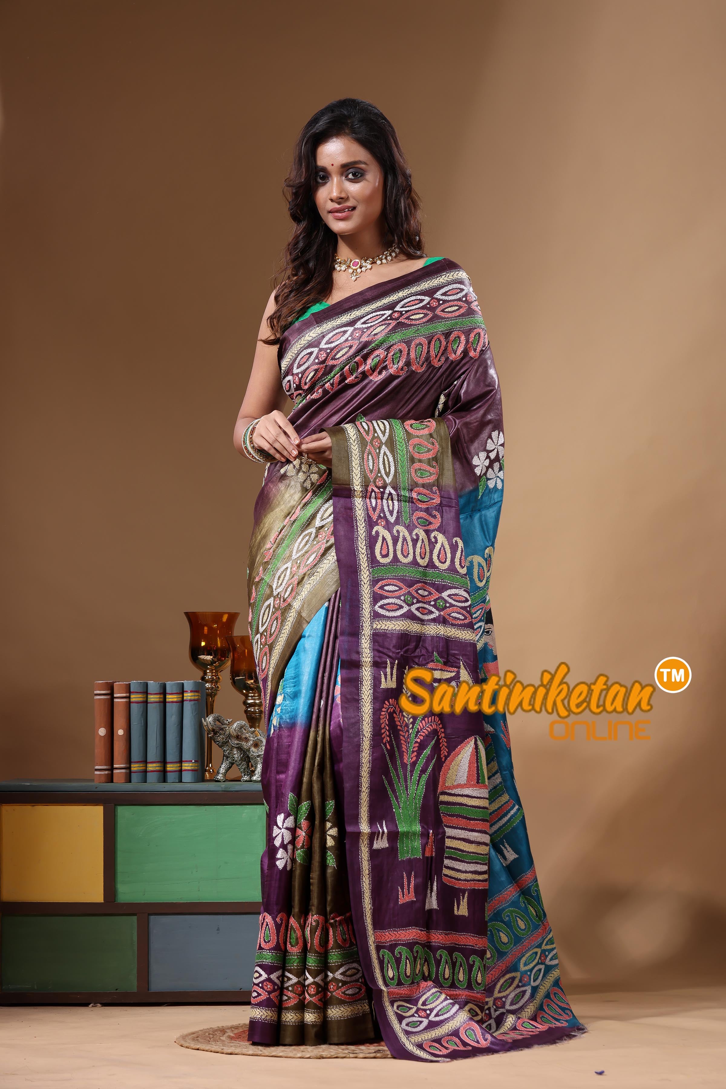 Dye Pure Gachi Tussar Kantha Stitch Saree SN2631770