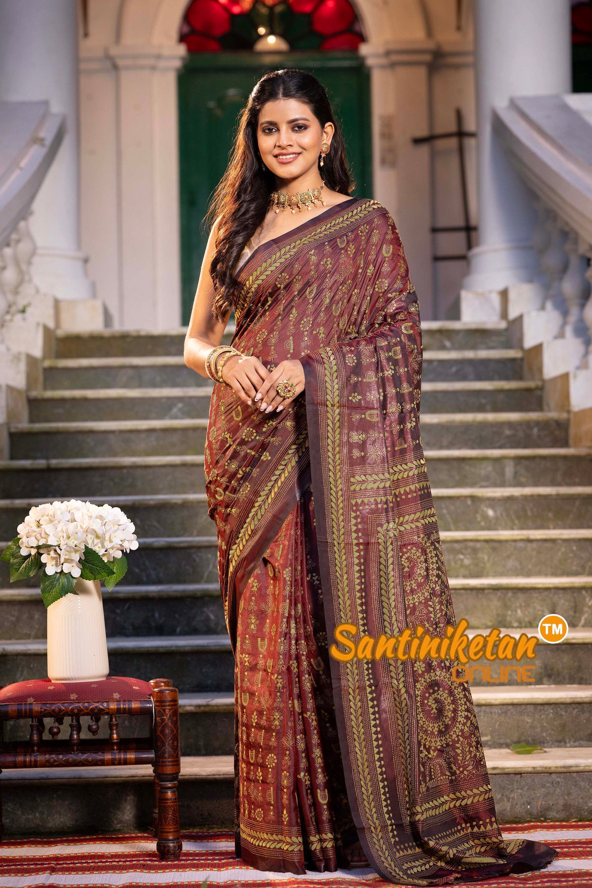Marron Bangalore Silk Kantha Stitch Saree SN2631792
