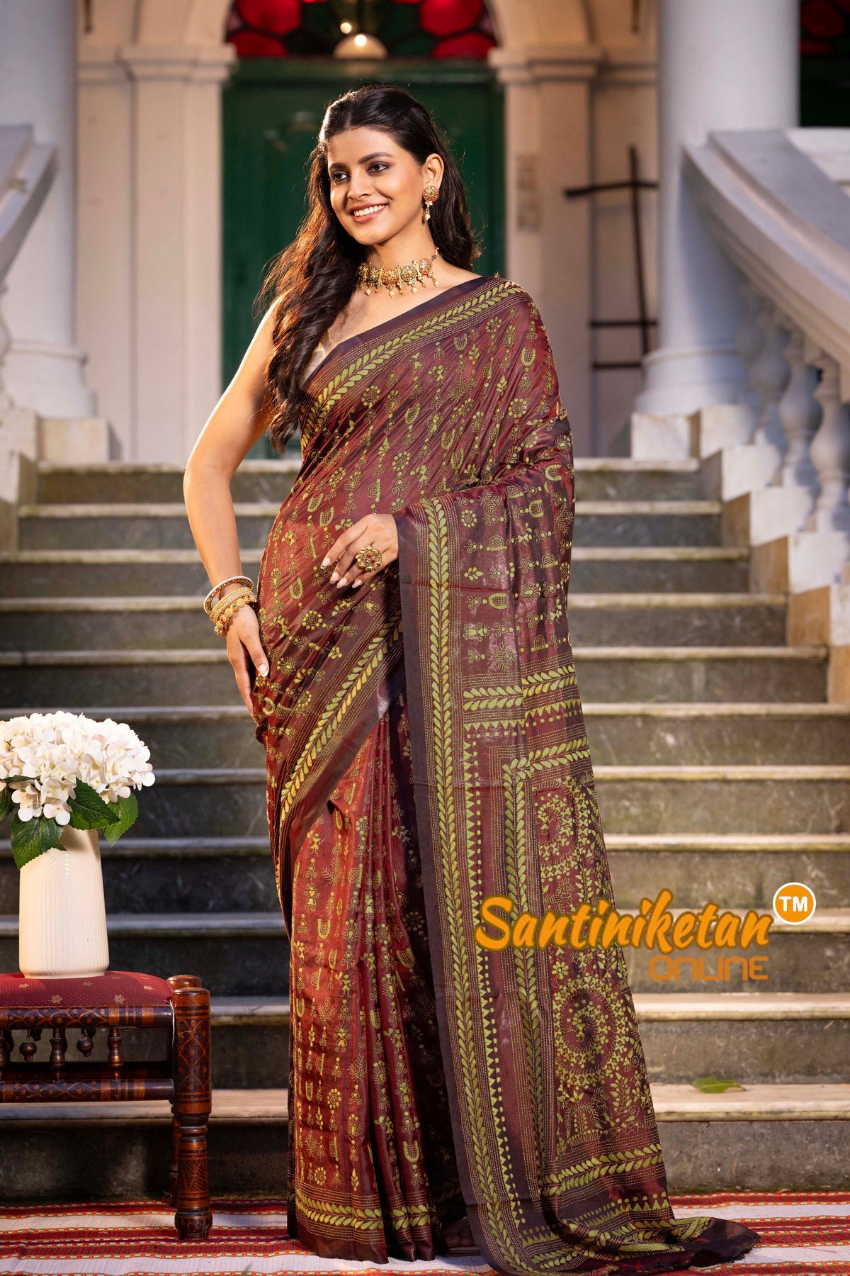 Marron Bangalore Silk Kantha Stitch Saree SN2631792