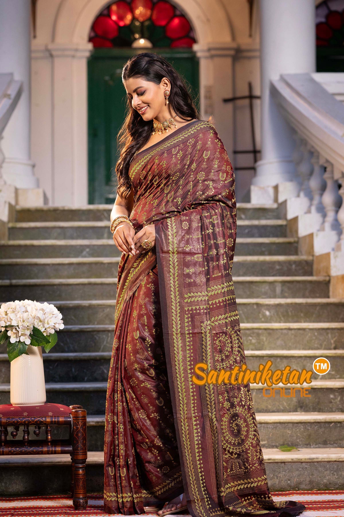 Marron Bangalore Silk Kantha Stitch Saree SN2631792