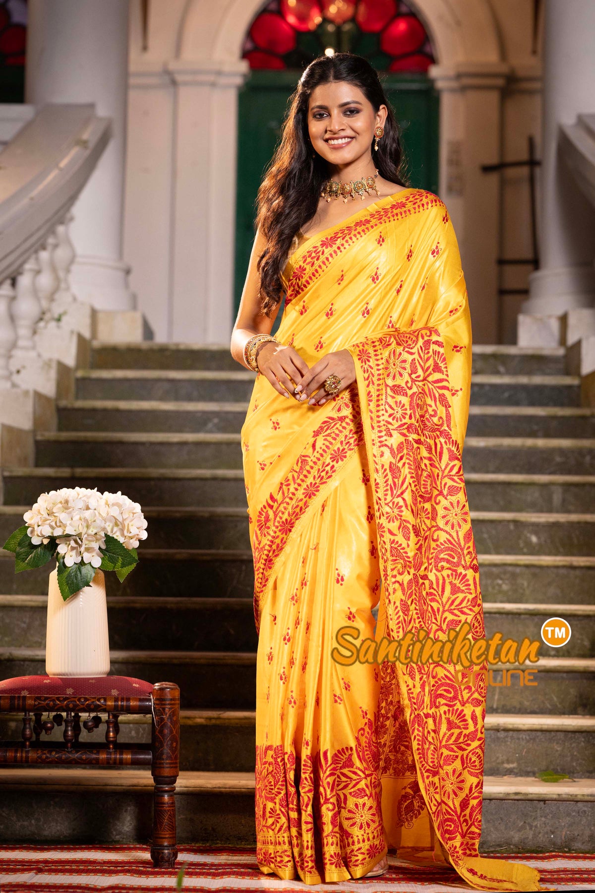 Yellow Bangalore Silk Kantha Stitch Saree SN2631838