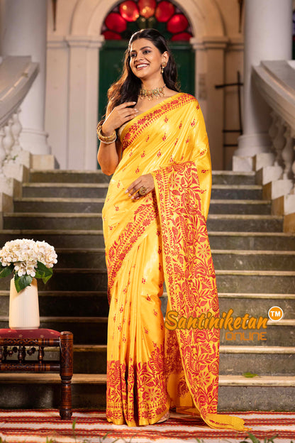 Yellow Bangalore Silk Kantha Stitch Saree SN2631838