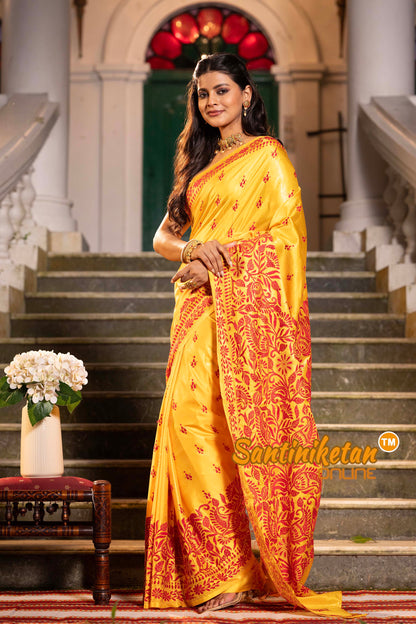 Yellow Bangalore Silk Kantha Stitch Saree SN2631838