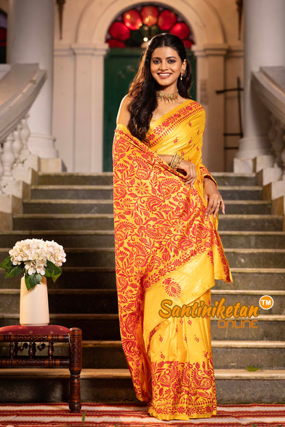 Yellow Bangalore Silk Kantha Stitch Saree SN2631838