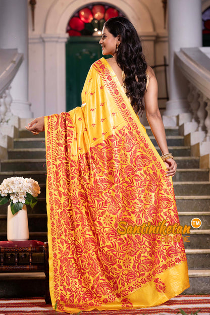 Yellow Bangalore Silk Kantha Stitch Saree SN2631838