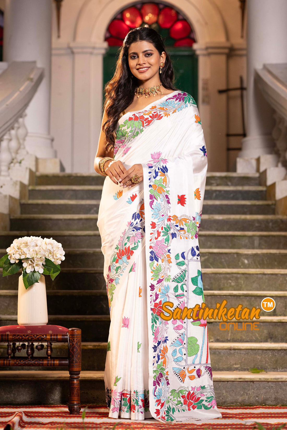 White Bangalore Silk Kantha Stitch Saree SN2631845