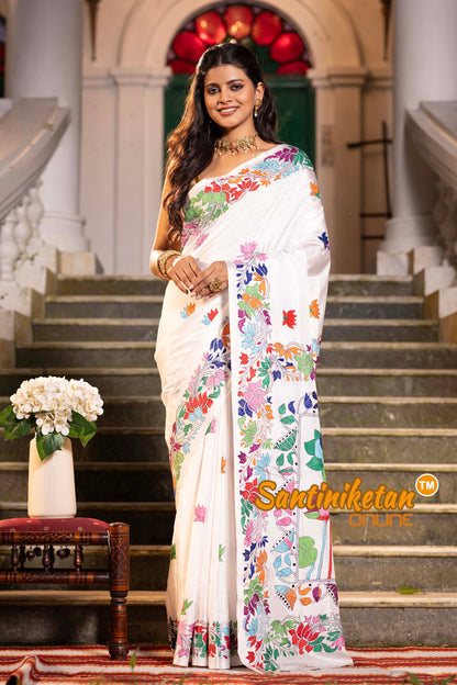 White Bangalore Silk Kantha Stitch Saree SN2631845