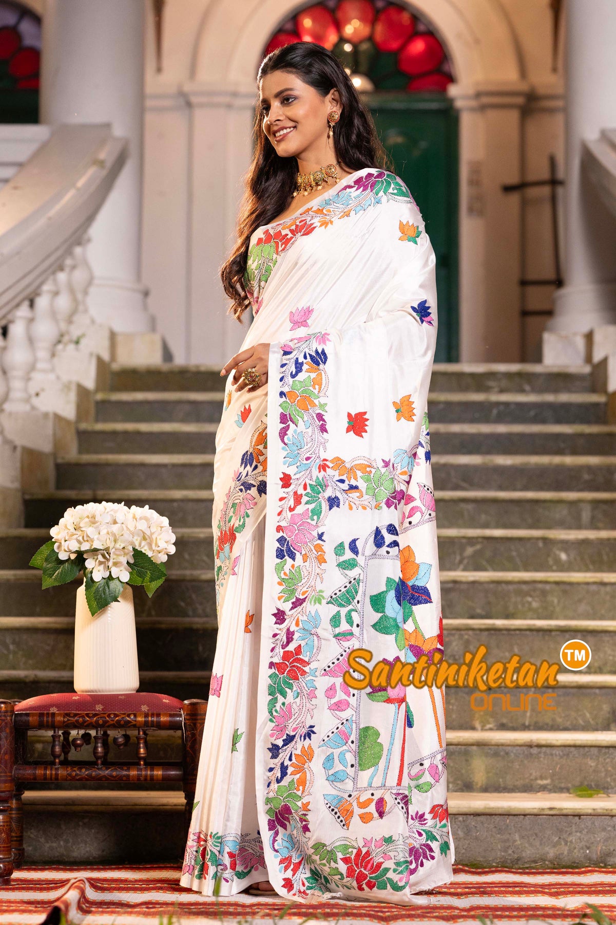 White Bangalore Silk Kantha Stitch Saree SN2631845