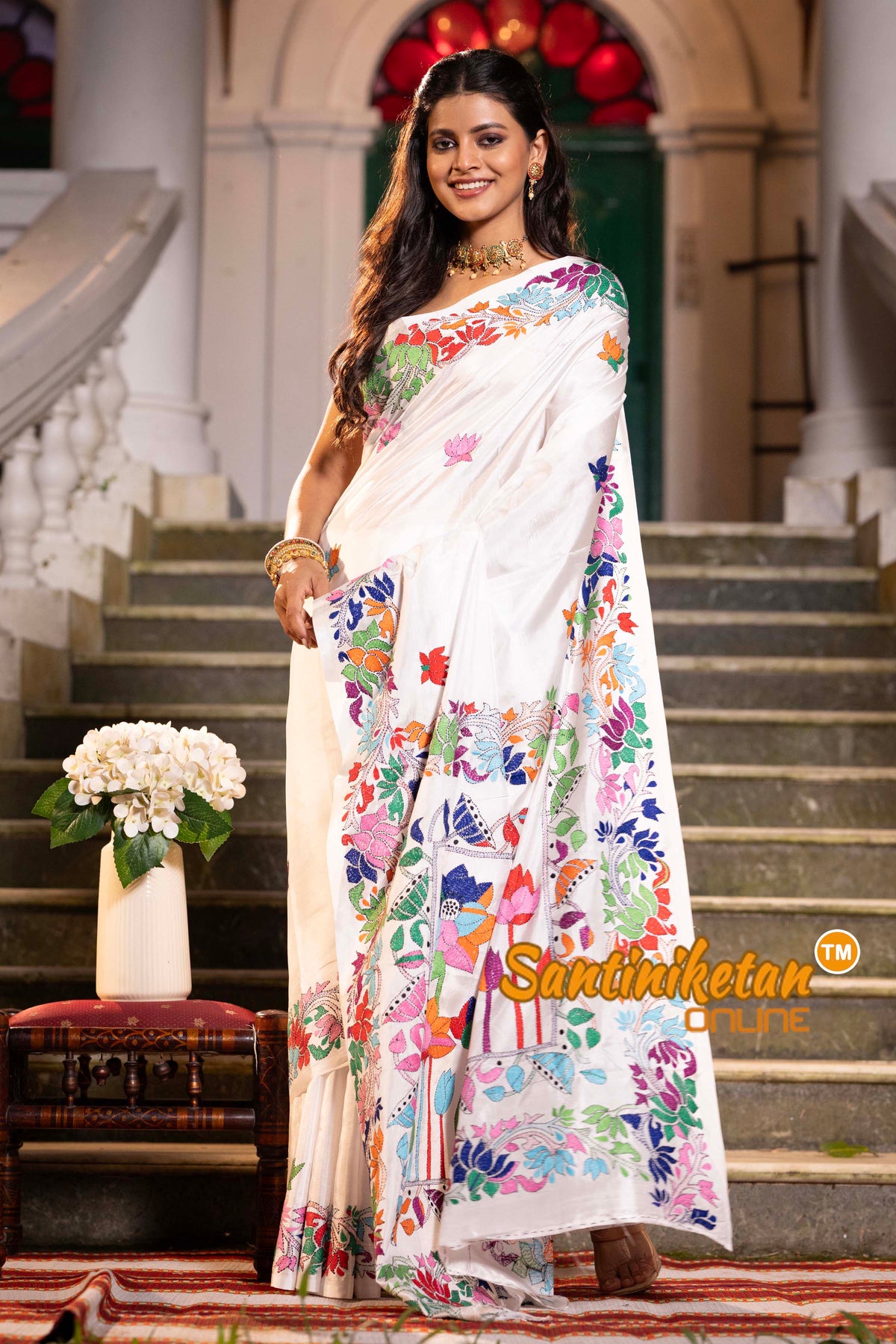 White Bangalore Silk Kantha Stitch Saree SN2631845