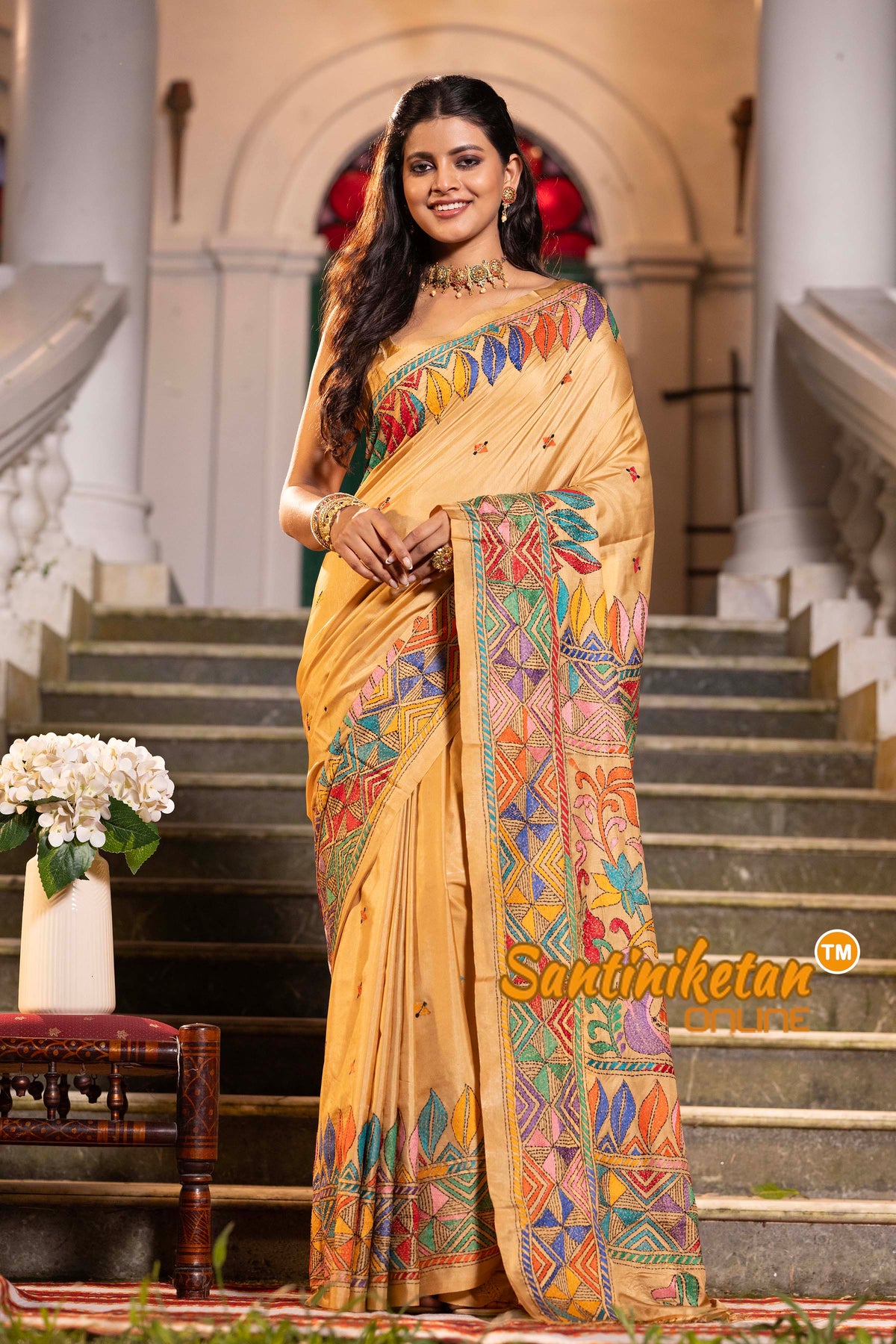 Beige Bangalore Silk Kantha Stitch Saree SN2631851