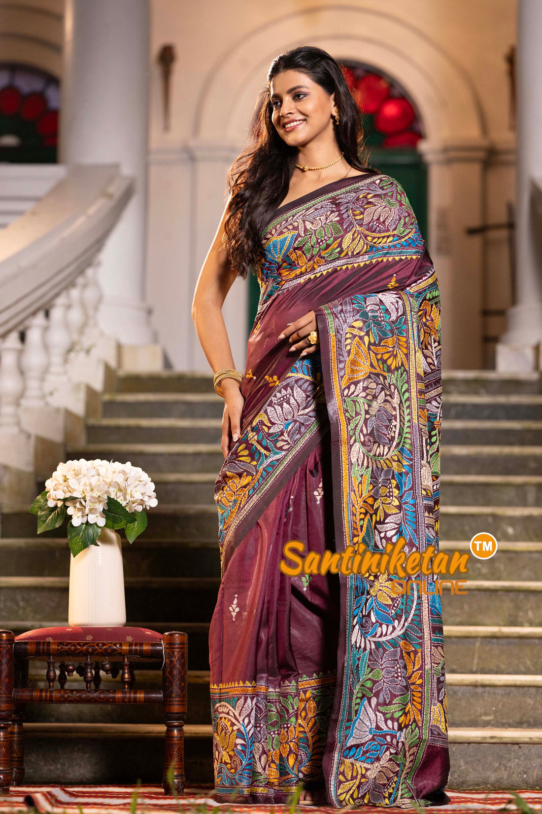 Maroon Bangalore Silk Kantha Stitch Saree SN2631875