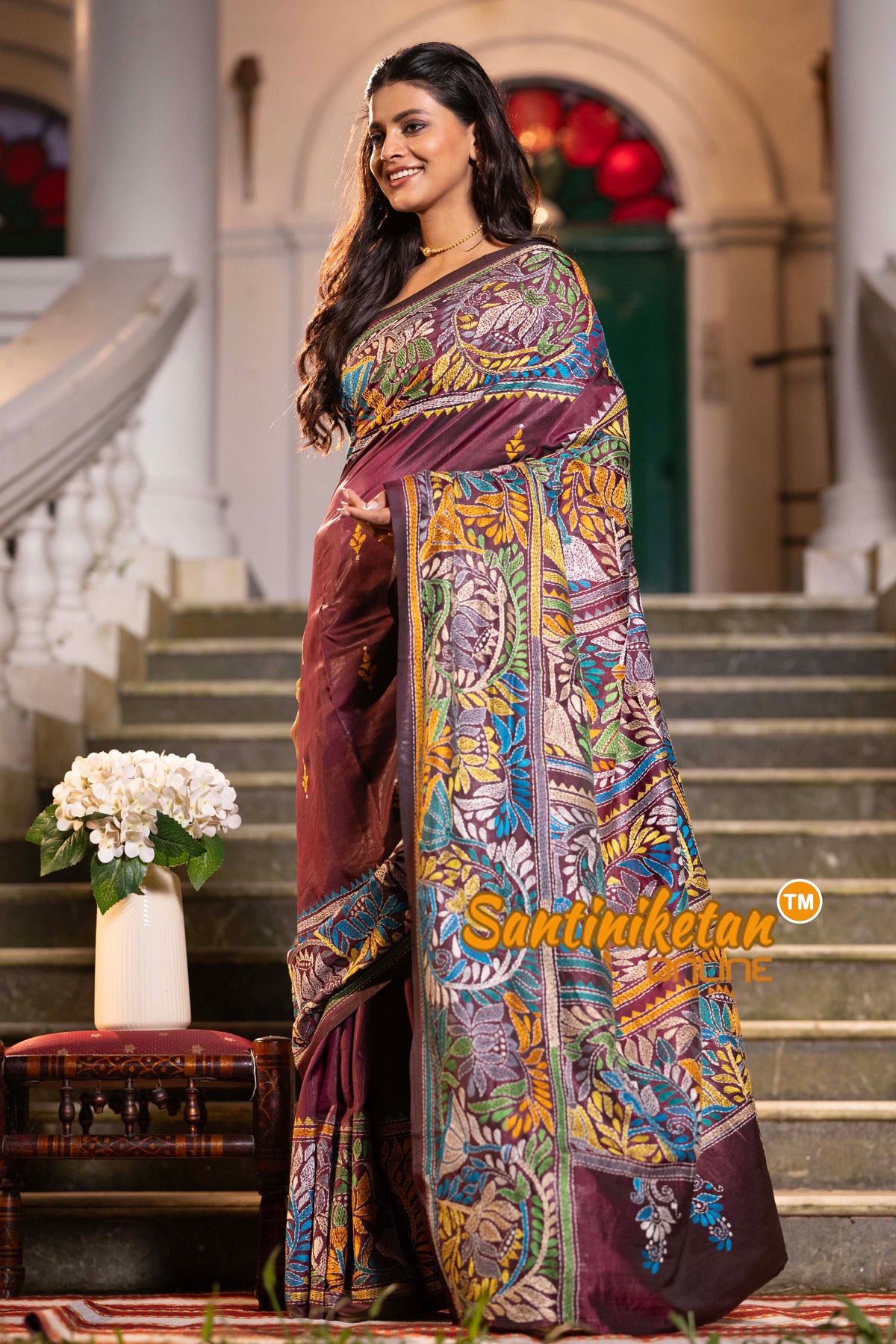 Maroon Bangalore Silk Kantha Stitch Saree SN2631875